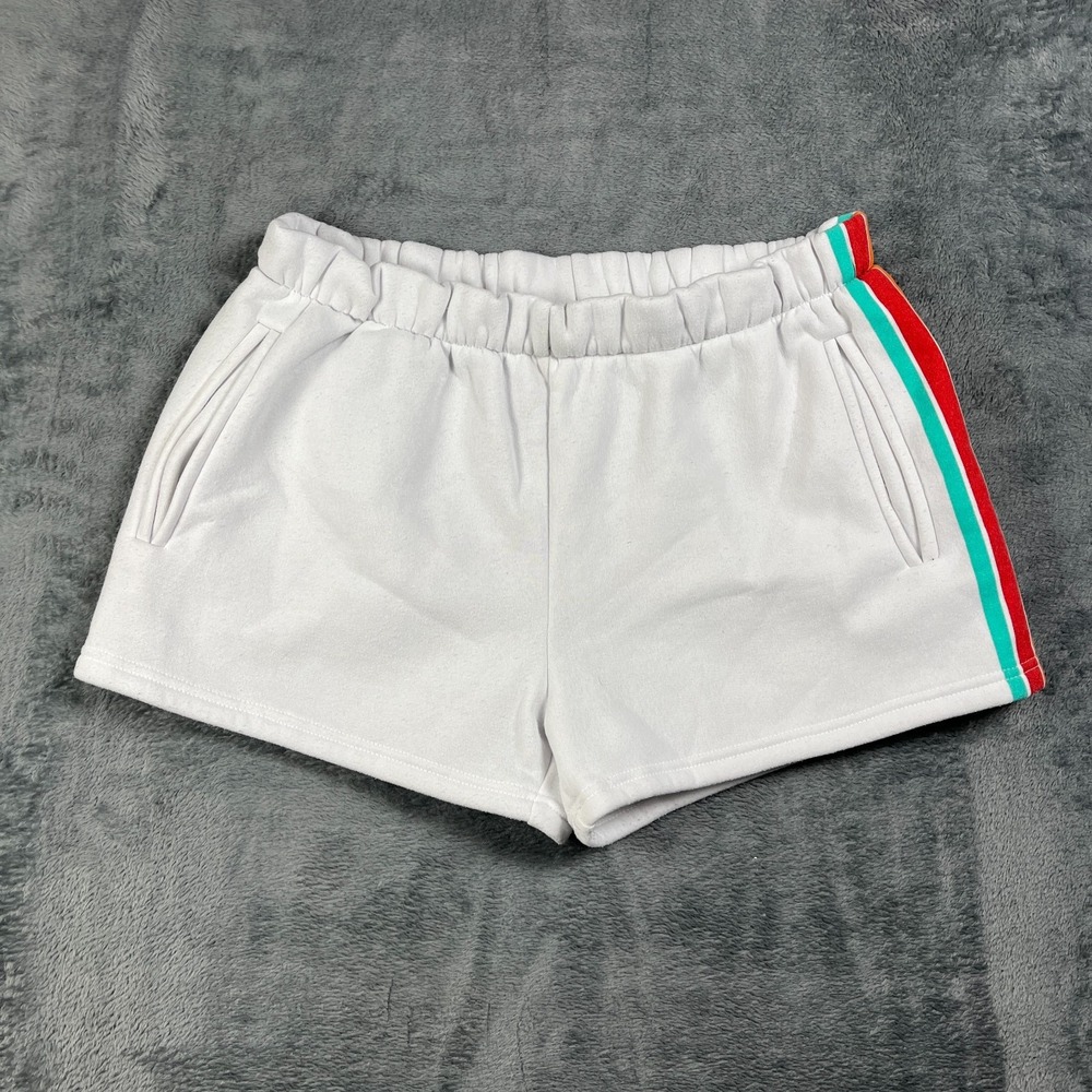 No Boundaries Sweat Shorts Women L11-13 White Striped Fleece Lined Elastic Waist